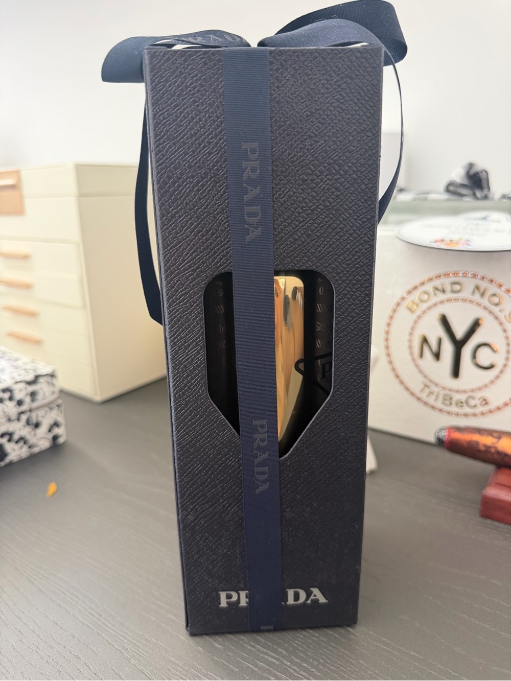 Prada Gold Metallic Logo Water Bottle